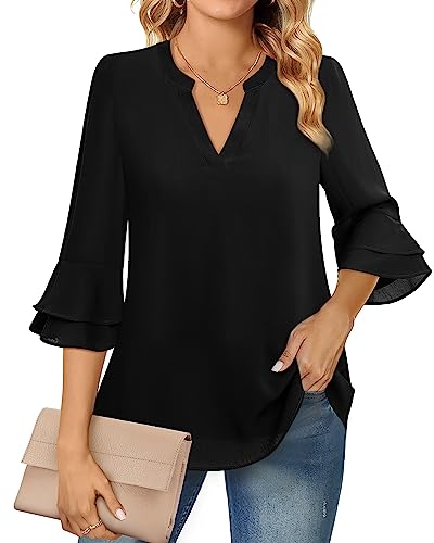 Lotusmile Blouses for Women Dressy Casual, Notch V Neck Tunic Flowy 3/4 Bell Sleeve Tops for Women Summer Chiffon Layers Elbow Length Top Loose Fitting Office Shirt Black - Image 1