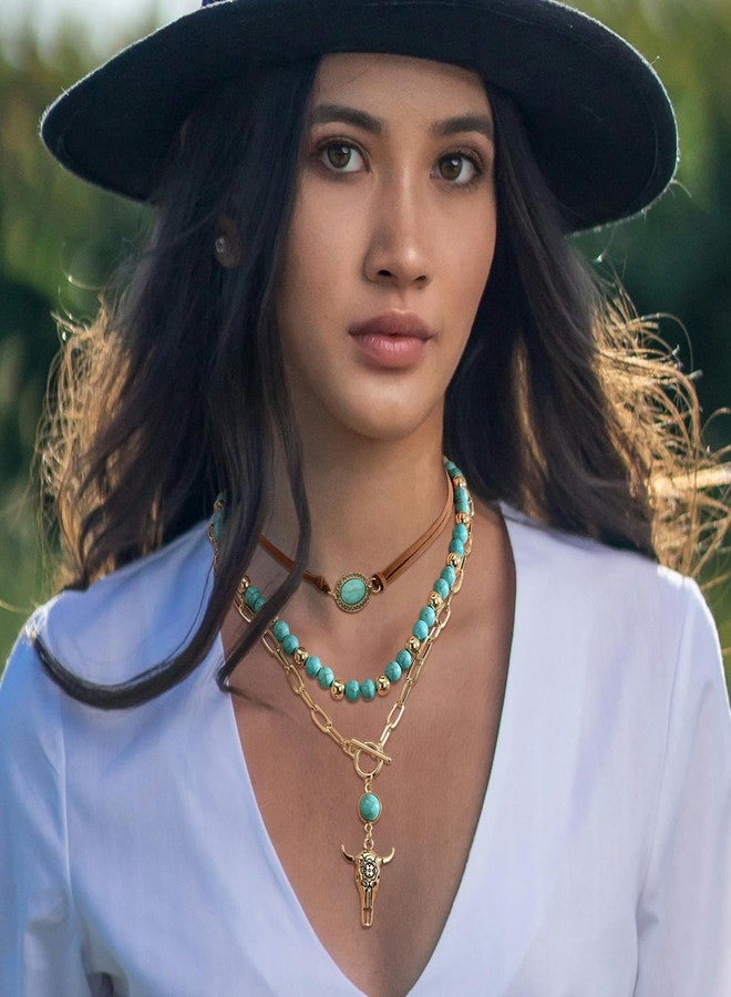 Fscwlmon 3 Pcs Layered Western Cowgirl Necklaces for Women Boho Turquoise Beaded Western Jewelry Rhinestone Cowboy Hat Boots Ox-Head Pendant Choker Paperclip Chain Cowboy Chic Country Accessory NTGJ - Image 2