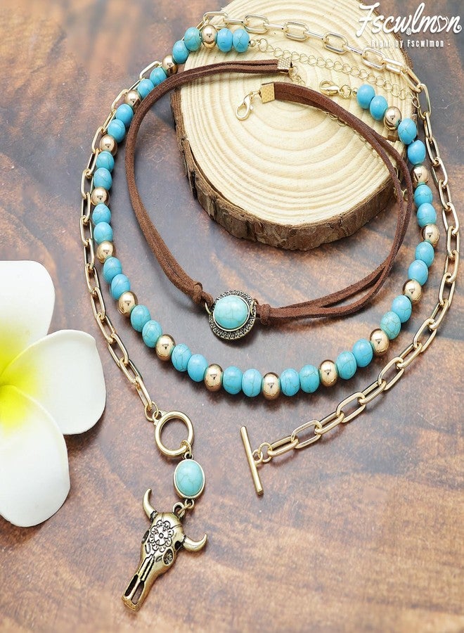 Fscwlmon 3 Pcs Layered Western Cowgirl Necklaces for Women Boho Turquoise Beaded Western Jewelry Rhinestone Cowboy Hat Boots Ox-Head Pendant Choker Paperclip Chain Cowboy Chic Country Accessory NTGJ - Image 5