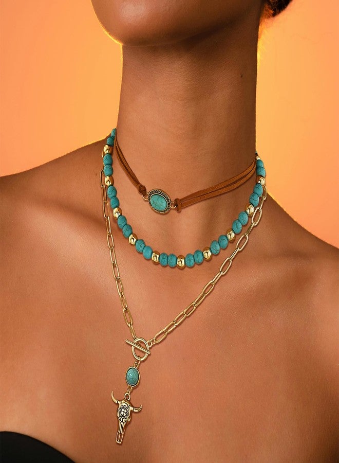 Fscwlmon 3 Pcs Layered Western Cowgirl Necklaces for Women Boho Turquoise Beaded Western Jewelry Rhinestone Cowboy Hat Boots Ox-Head Pendant Choker Paperclip Chain Cowboy Chic Country Accessory NTGJ - Image 4