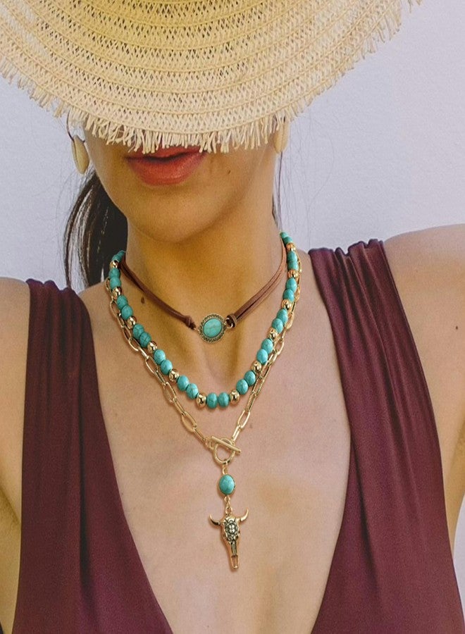 Fscwlmon 3 Pcs Layered Western Cowgirl Necklaces for Women Boho Turquoise Beaded Western Jewelry Rhinestone Cowboy Hat Boots Ox-Head Pendant Choker Paperclip Chain Cowboy Chic Country Accessory NTGJ - Image 3