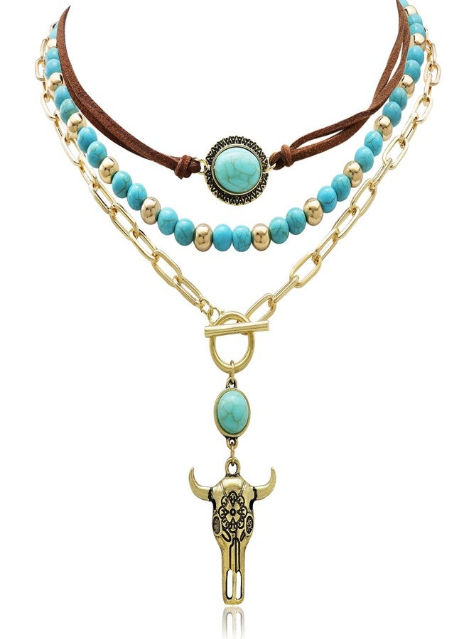 Fscwlmon 3 Pcs Layered Western Cowgirl Necklaces for Women Boho Turquoise Beaded Western Jewelry Rhinestone Cowboy Hat Boots Ox-Head Pendant Choker Paperclip Chain Cowboy Chic Country Accessory NTGJ - Image 1