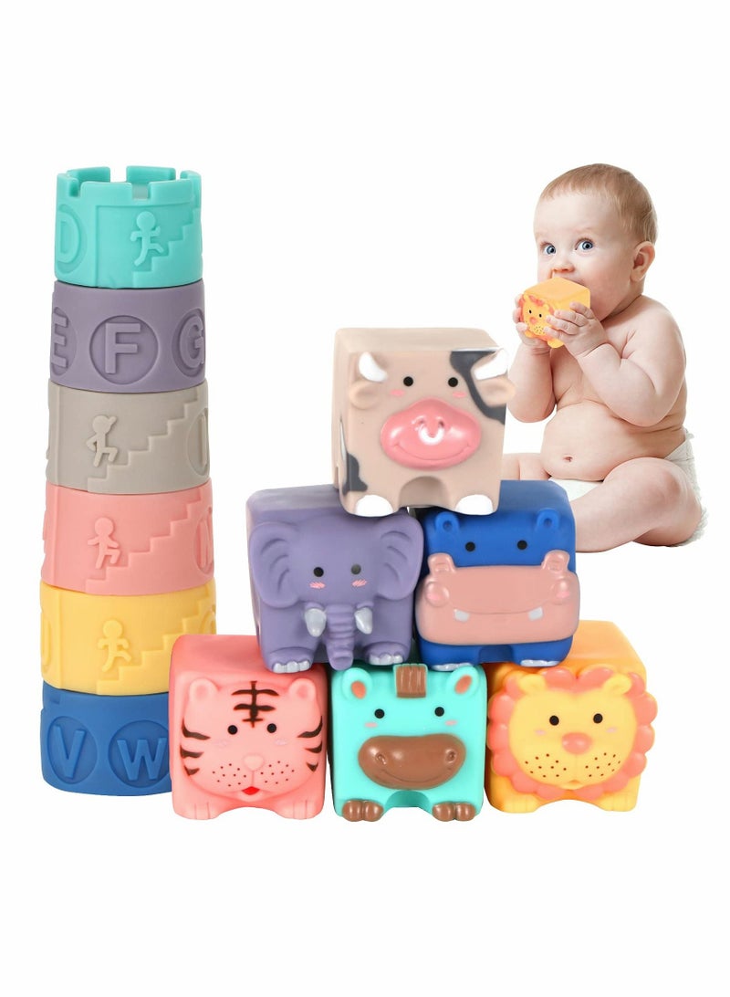 Y&D Soft Baby Blocks 6 to 12 Months and Up, Pcs Sensory baby stacking toys Babies Bath Toy, Infant Stacking Cup, Building for Boys& Girls Teething Toy Play, Activity Gym, Animal Squeeze Block Se - Image 1
