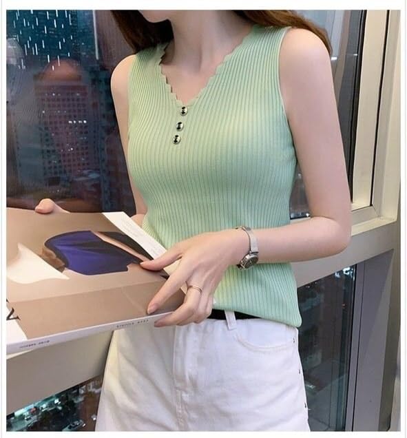BROGBUS Women’s Korean Style V-Neck Sleeveless Summer Tank Top for Girls Regular Fit Casual Top (Free Size, Parrot Green) - Image 4