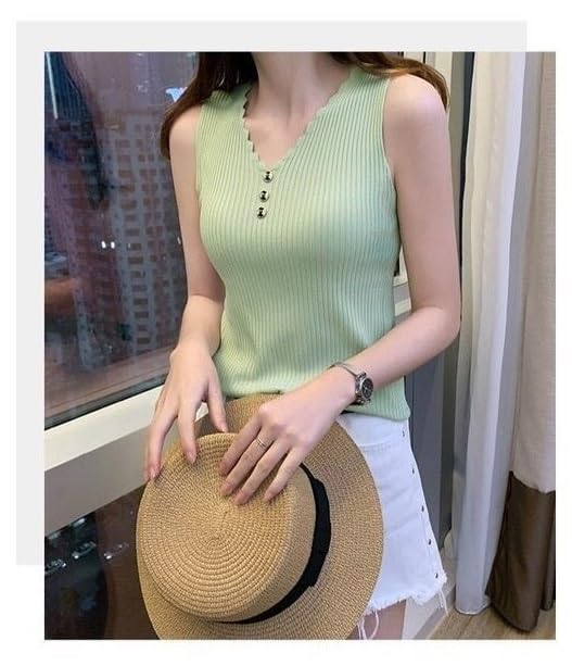 BROGBUS Women’s Korean Style V-Neck Sleeveless Summer Tank Top for Girls Regular Fit Casual Top (Free Size, Parrot Green) - Image 3
