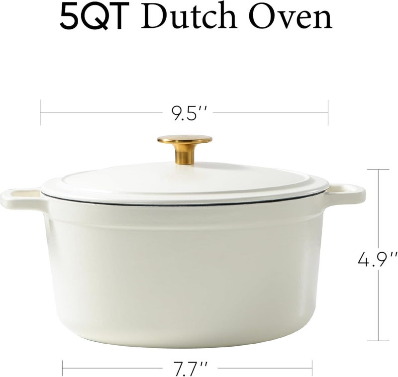 CAROTE 5QT Enameled Cast Iron Dutch Oven Pot with Lid, Heavy-Duty Dutch Oven for Sourdough Bread Baking, Braising, Stews, Roasting, Healthy & Non-Toxic, Dual Handles, All Stovetop Compatible, Oven Safe up to 500° F, White - Image 2