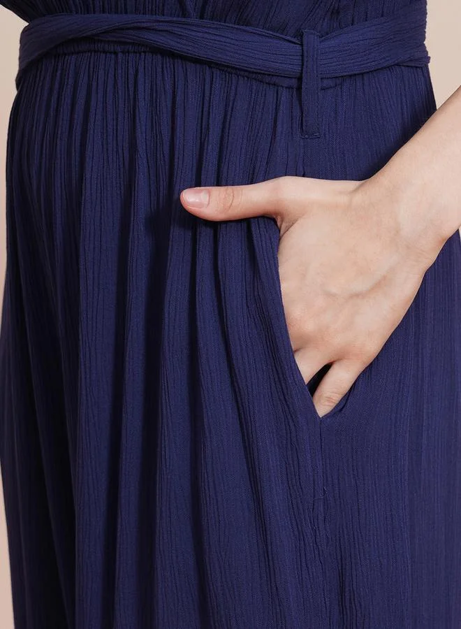 globus Solid Cap Sleeves Waist Tie-Up Wide Leg Jumpsuit