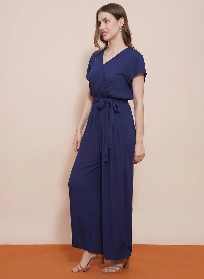 globus Solid Cap Sleeves Waist Tie-Up Wide Leg Jumpsuit