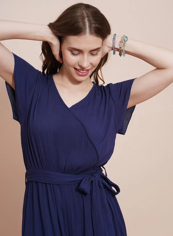 globus Solid Cap Sleeves Waist Tie-Up Wide Leg Jumpsuit