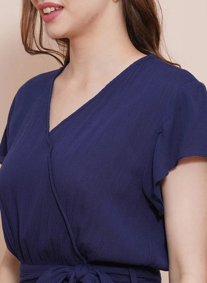 globus Solid Cap Sleeves Waist Tie-Up Wide Leg Jumpsuit
