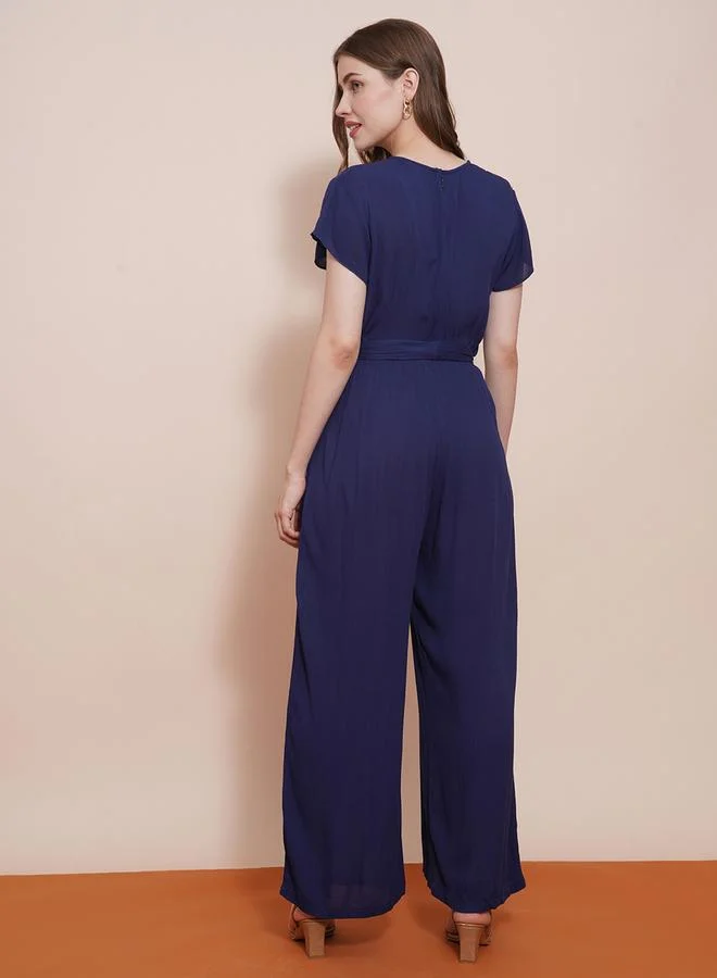globus Solid Cap Sleeves Waist Tie-Up Wide Leg Jumpsuit