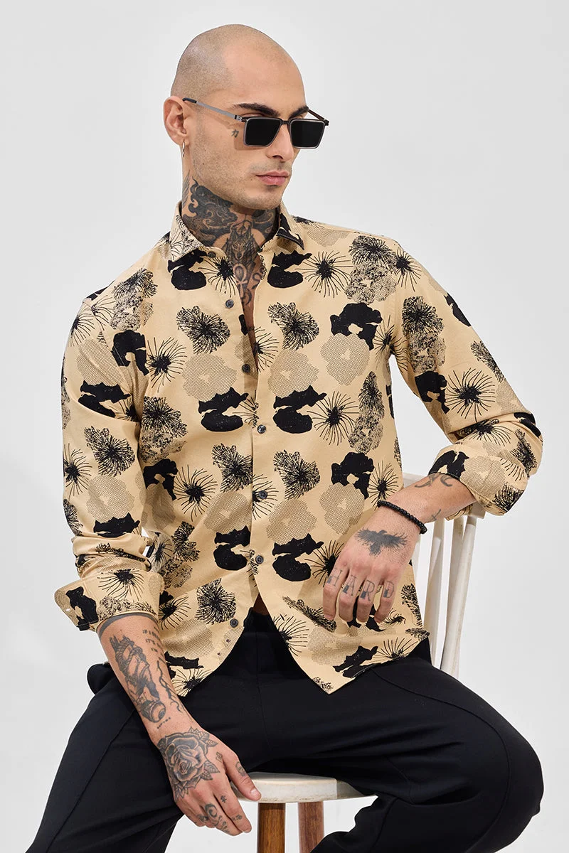 SNITCH Beige Geometric Long Sleeve Slim Fit Shirt