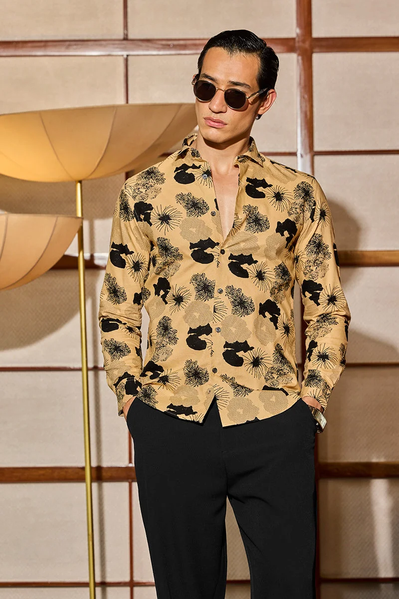 SNITCH Beige Geometric Long Sleeve Slim Fit Shirt