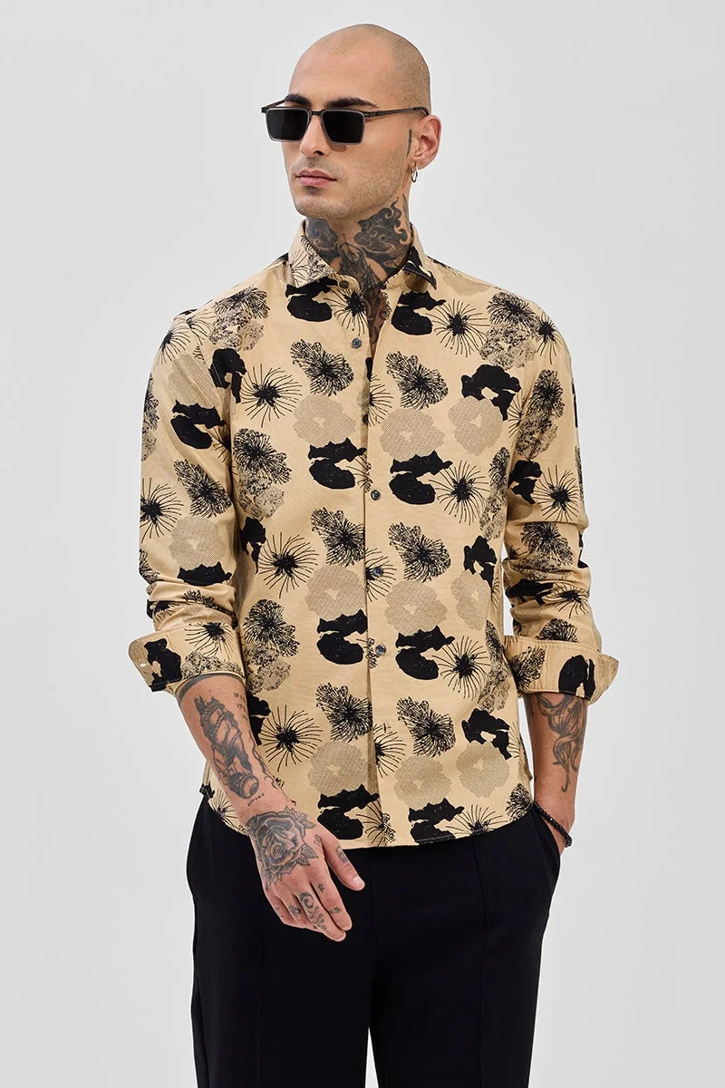 سنيتش Beige Geometric Long Sleeve Slim Fit Shirt