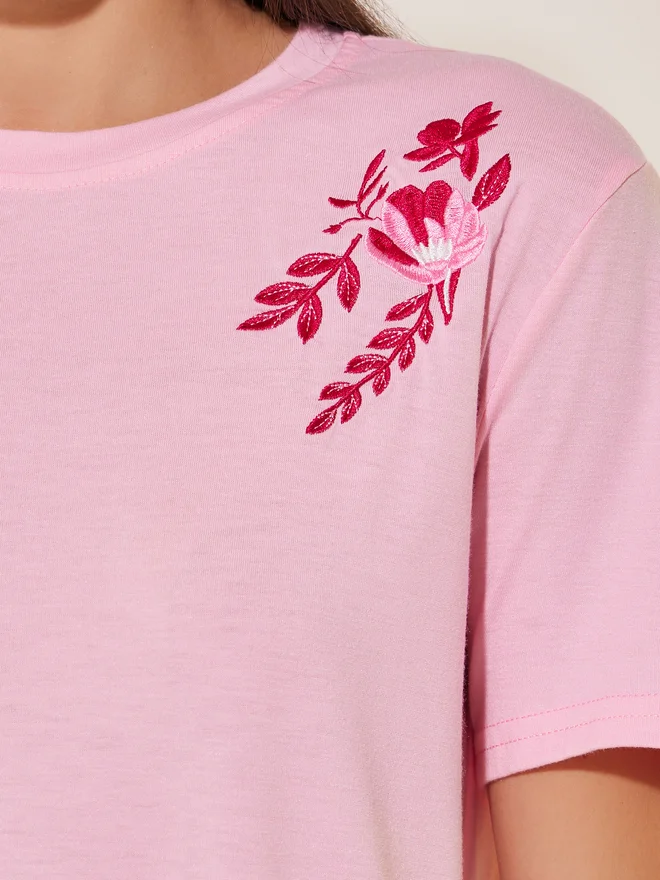 Take Two Take Two Floral Embroidery Detail Short Sleeves T-Shirt