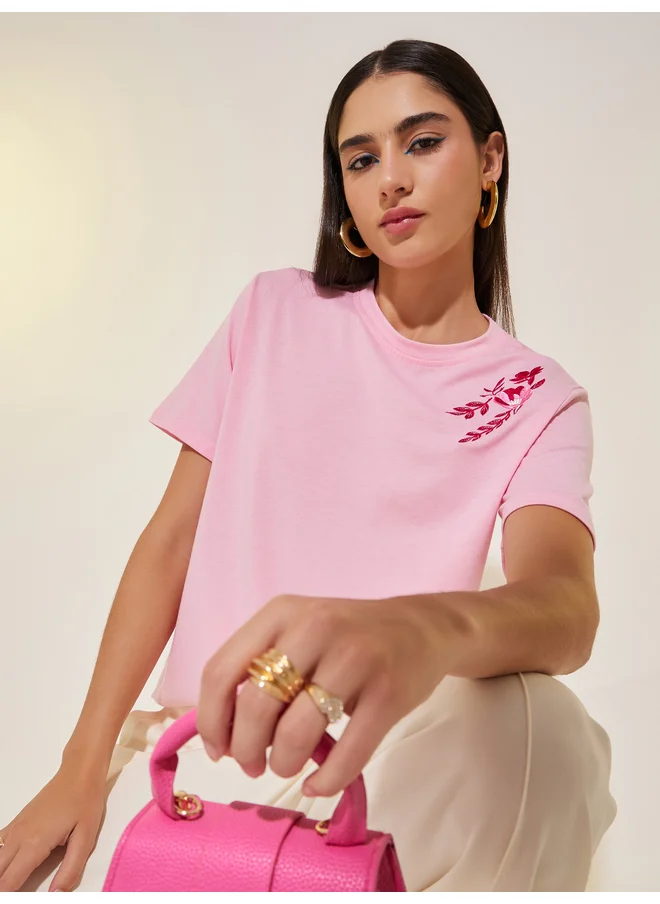 Take Two Take Two Floral Embroidery Detail Short Sleeves T-Shirt