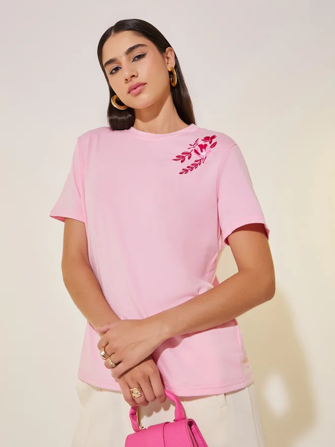Take Two Take Two Floral Embroidery Detail Short Sleeves T-Shirt