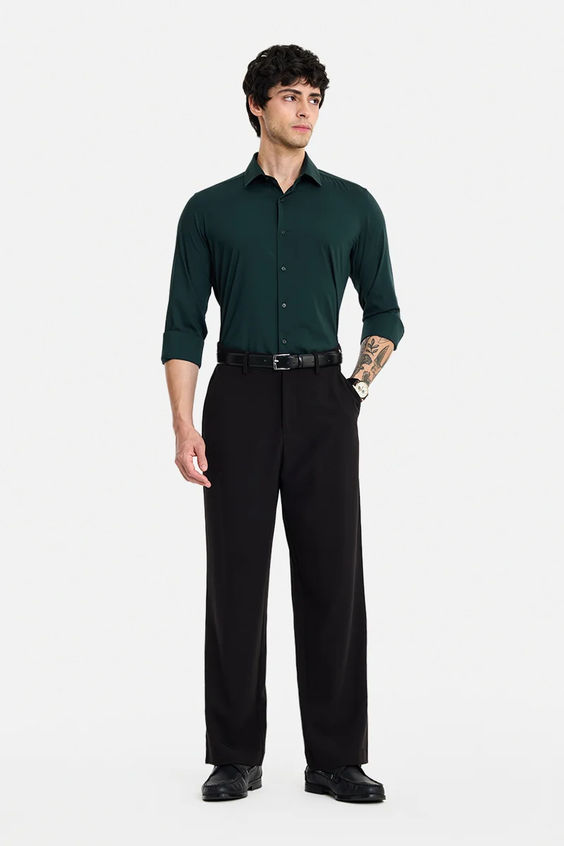 SNITCH Dark Green Solid Long Sleeve Slim Fit Formal Luxe Shirt