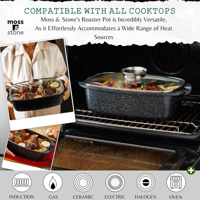Moss & Stone 6 Quart Oval Roaster Pot with Lid, 12"x8.3" Die Cast Aluminum Chicken Roaster, Induction, Gas & Ceramic Cooktop Compatible, Hard Anodized Nonstick Roasting Pan With Lid, Oven Safe - Image 4