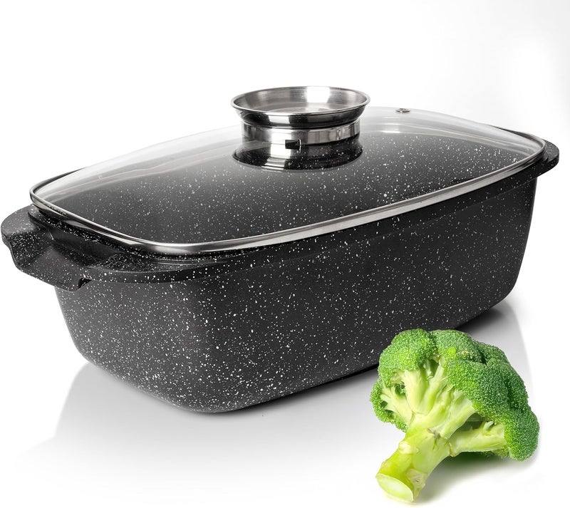 Moss & Stone 6 Quart Oval Roaster Pot with Lid, 12"x8.3" Die Cast Aluminum Chicken Roaster, Induction, Gas & Ceramic Cooktop Compatible, Hard Anodized Nonstick Roasting Pan With Lid, Oven Safe - Image 1