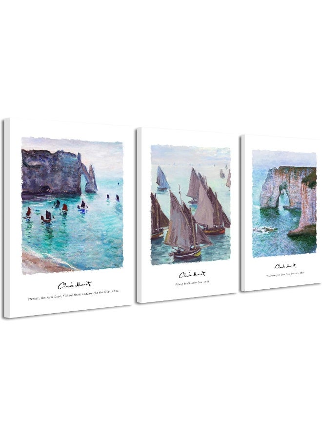 Pyradecor Large 3pcs Fishing Boats Cliffs at Etretat by Claude Monet Reproduction - Image 1