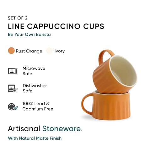 Shay Ceramic Line Cappuccino Cup, Set of 2, Brown, 270ml | Cappuccino Cup | Matte Finish | Large Cup for Coffee | Ceramic Cup | Premium Stoneware Coffee Cup | Microwave Safe (Line Cappuccino - Brown) - Image 2
