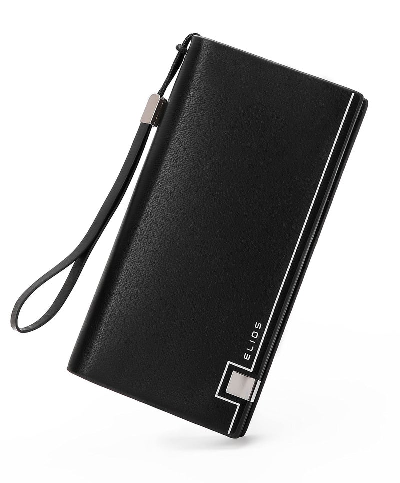 Elios Women's Large Capacity PU Leather Clutch Wallet Card Phone Holder Organizer Ladies Purse with Wrist Strap (Black) - Image 1