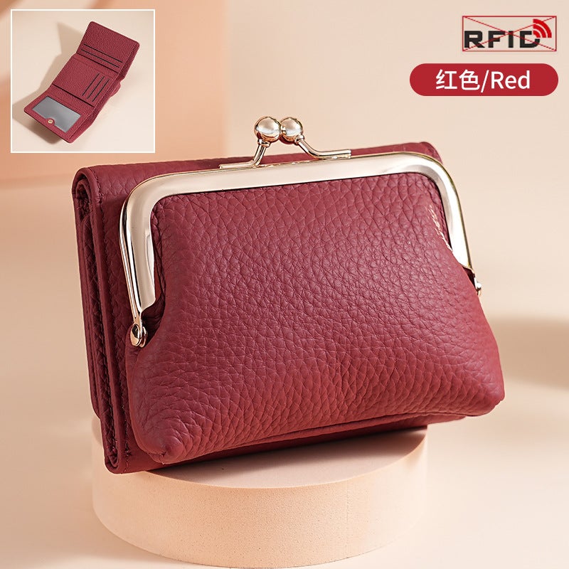 Fashionable Womens Mini Wallet Top Layer Cowhide Leather Three Fold Coin Storage Bag Urban Simple Style Solid Color Pattern Wine red
