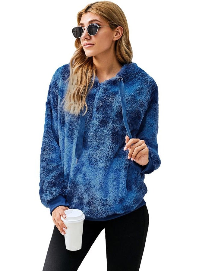 Yanekop Womens Hoodies Sherpa Pullover Sweater Fuzzy Fleece Sweatshirt Oversized Hoodie Cozy Outerwear with Pockets, A Royal Blue, XL - Image 2