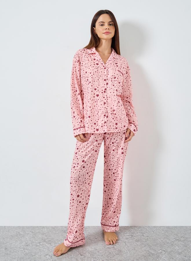 Styli Star Print Contrast Piped Shirt and Pyjama Set - Image 2