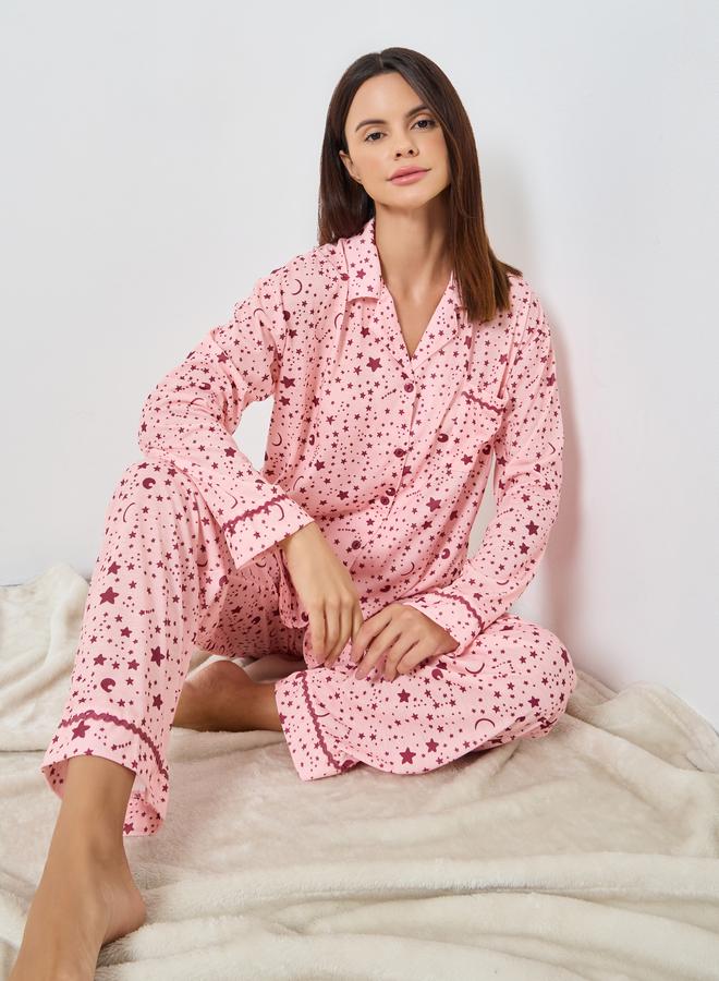 Styli Star Print Contrast Piped Shirt and Pyjama Set - Image 1