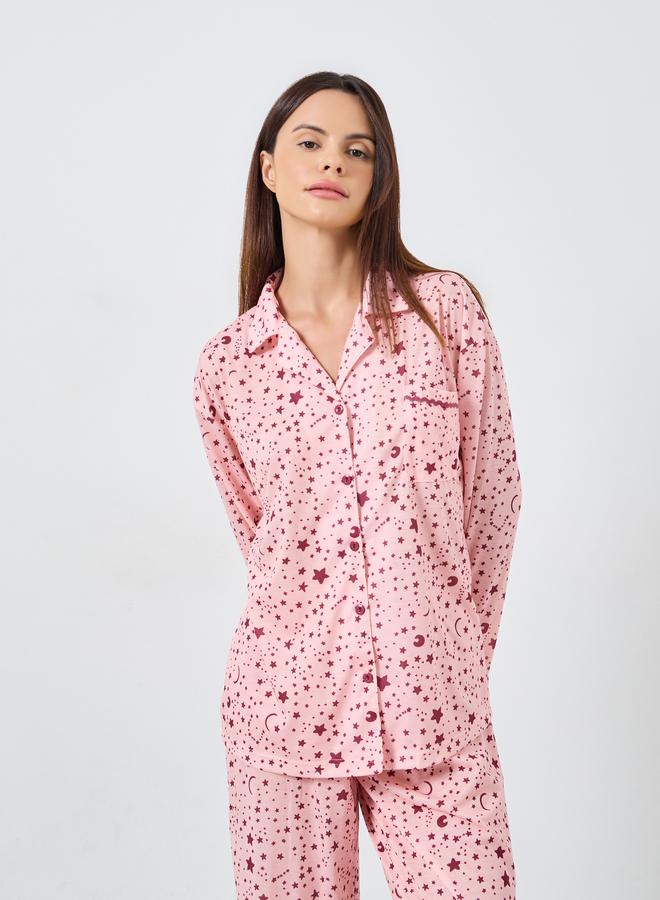 Styli Star Print Contrast Piped Shirt and Pyjama Set - Image 3