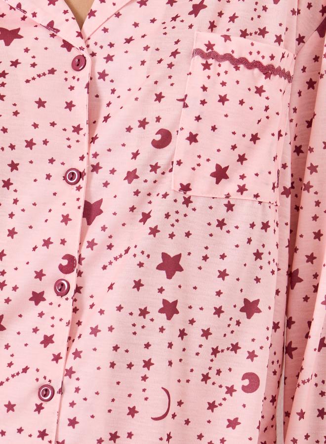 Styli Star Print Contrast Piped Shirt and Pyjama Set - Image 4