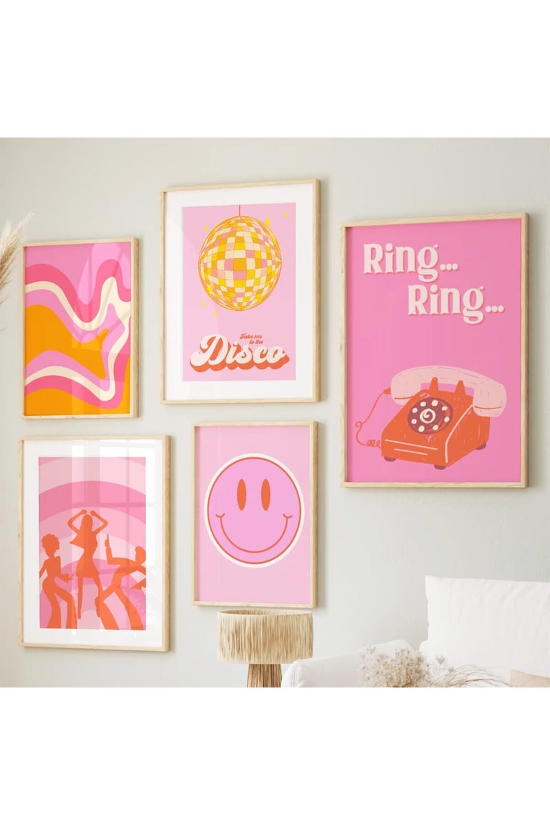 Baccone Pink Retro Wall Art 70s Canvas Wall Decor 60s Disco Preppy Wall Art Orange Pictures Fashion Girl Posters Trendy Artwork Vintage Prints Set of 5 for Room Bedroom 12x16 Inch Unframed - Image 1