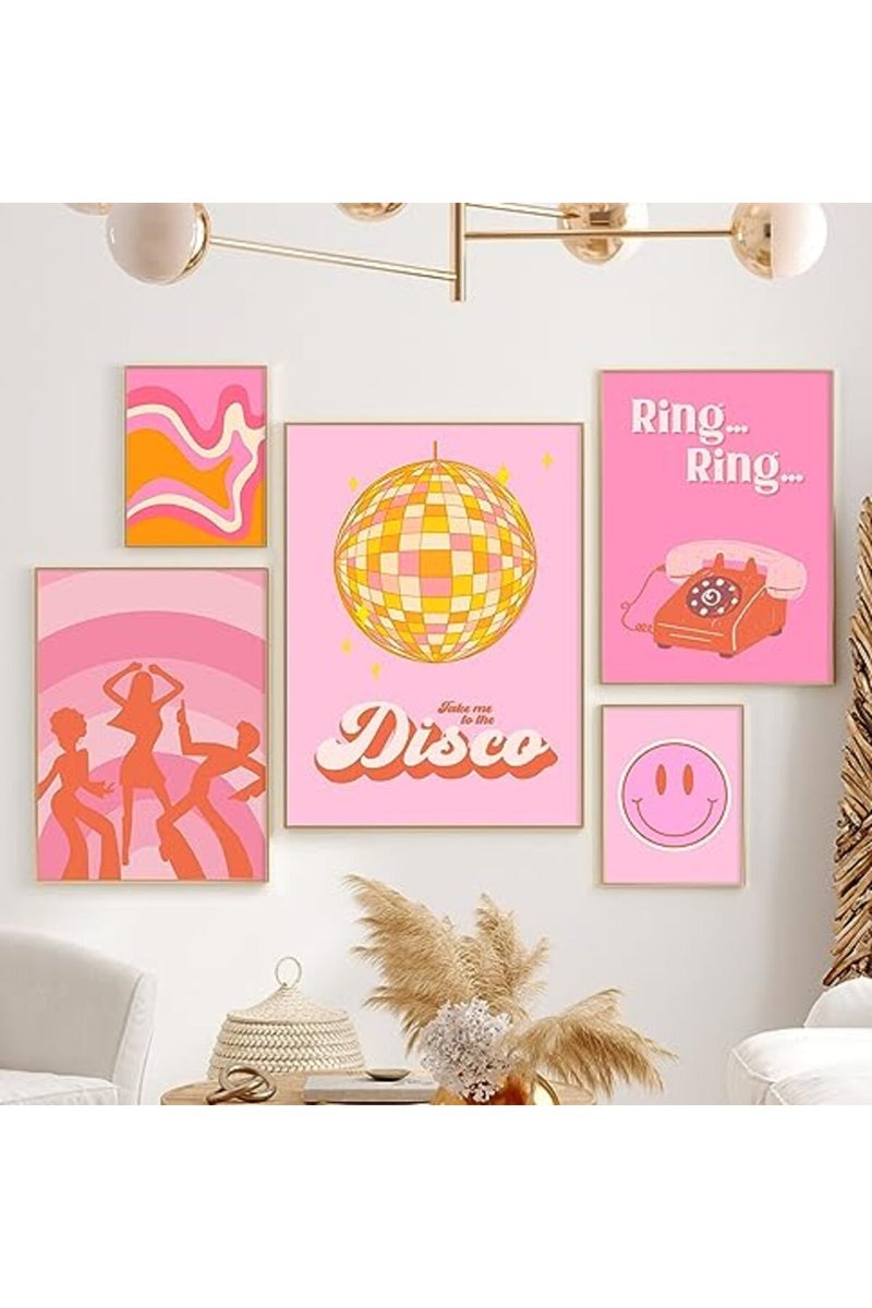 Baccone Pink Retro Wall Art 70s Canvas Wall Decor 60s Disco Preppy Wall Art Orange Pictures Fashion Girl Posters Trendy Artwork Vintage Prints Set of 5 for Room Bedroom 12x16 Inch Unframed - Image 4