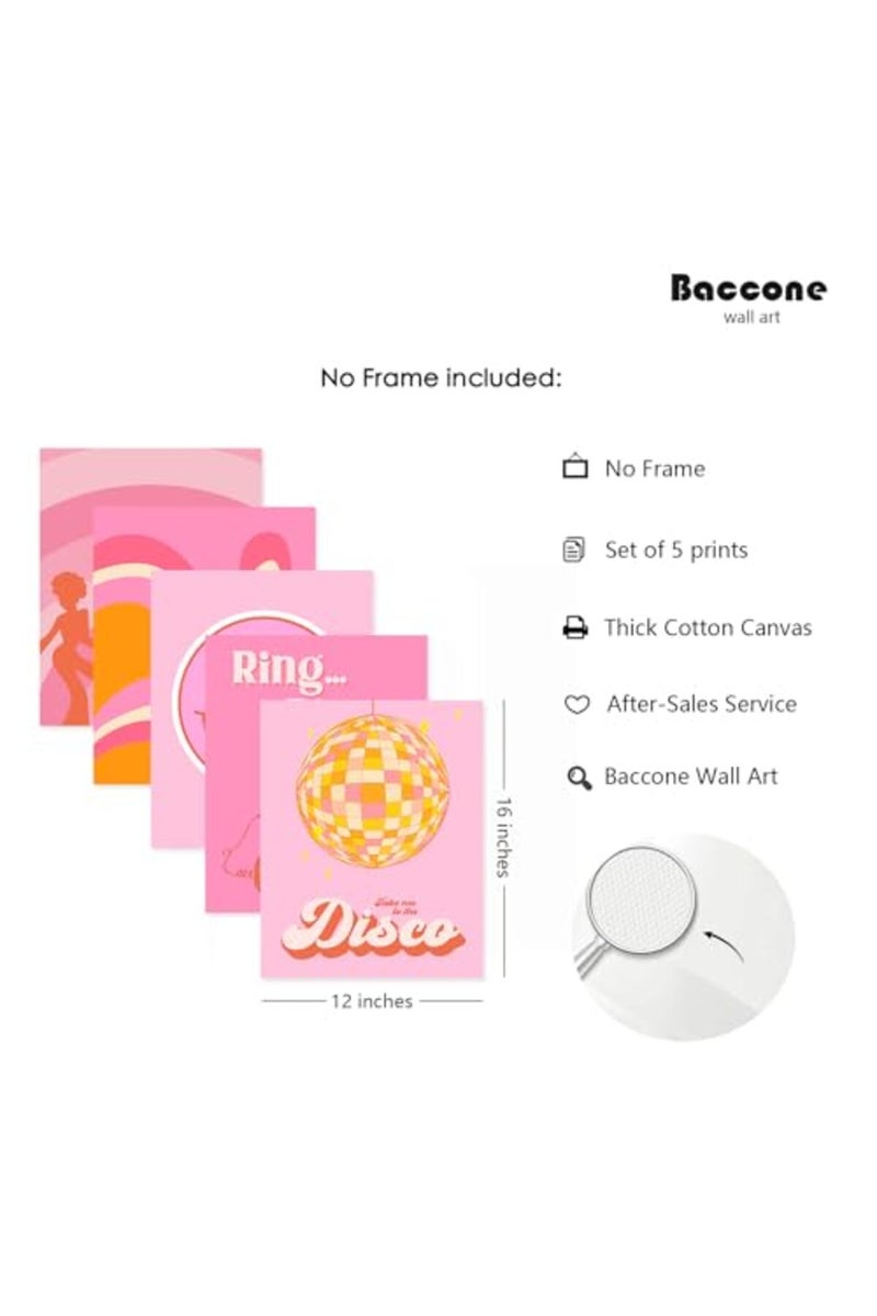 Baccone Pink Retro Wall Art 70s Canvas Wall Decor 60s Disco Preppy Wall Art Orange Pictures Fashion Girl Posters Trendy Artwork Vintage Prints Set of 5 for Room Bedroom 12x16 Inch Unframed - Image 2