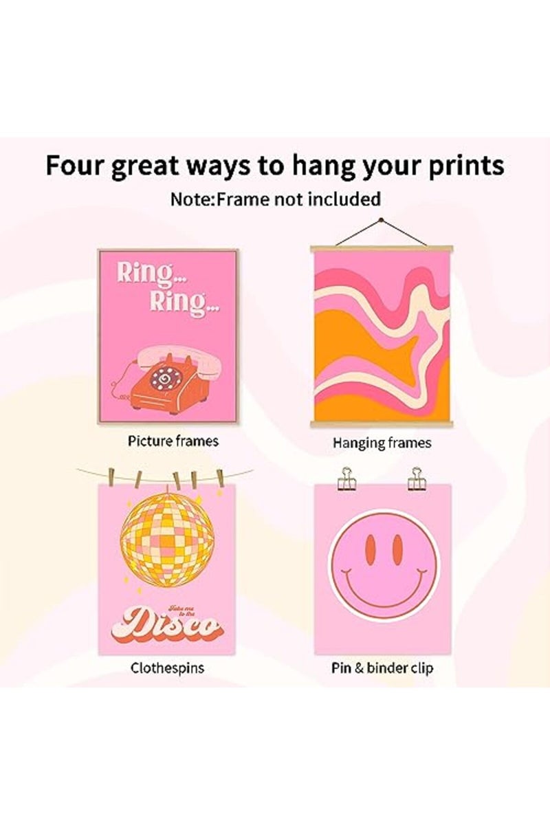 Baccone Pink Retro Wall Art 70s Canvas Wall Decor 60s Disco Preppy Wall Art Orange Pictures Fashion Girl Posters Trendy Artwork Vintage Prints Set of 5 for Room Bedroom 12x16 Inch Unframed - Image 3