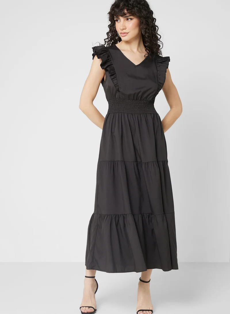 ELLA Ruched Ruffle Sleeve Dress