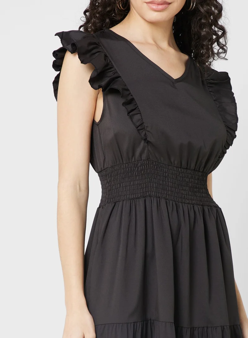 ELLA Ruched Ruffle Sleeve Dress