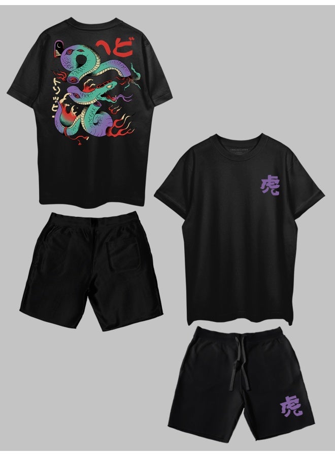 THREADCURRY THREADCURRY Japanese Snake Printed Co-ord Set for Men - Half Sleeve Oversized T-Shirt and Shorts  - Image 1