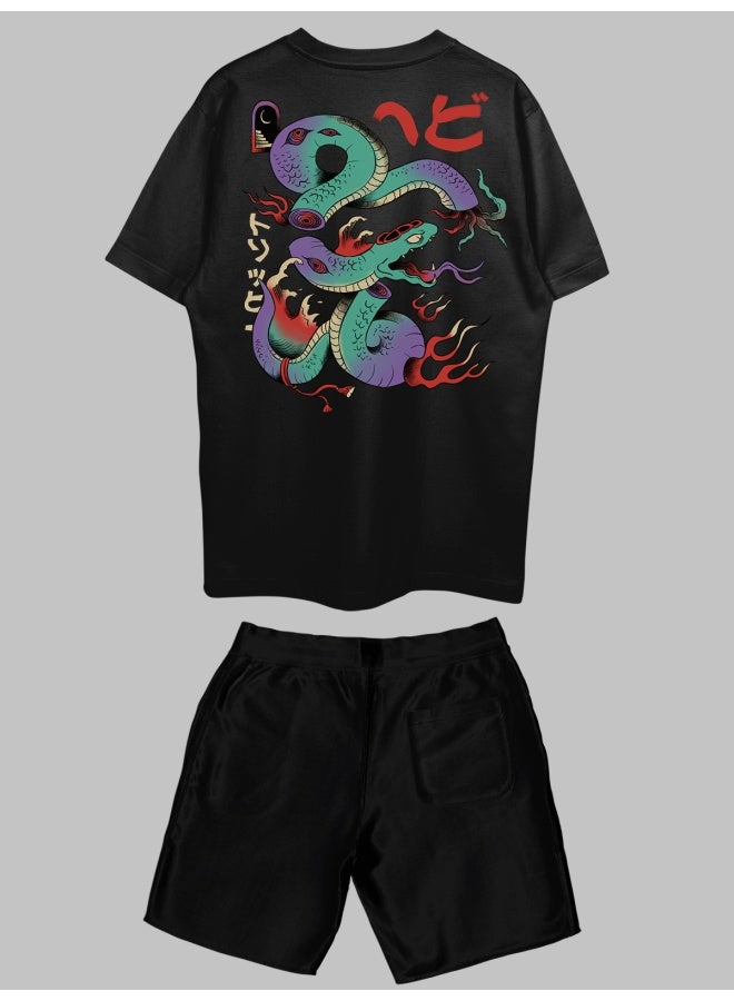 THREADCURRY THREADCURRY Japanese Snake Printed Co-ord Set for Men - Half Sleeve Oversized T-Shirt and Shorts  - Image 2