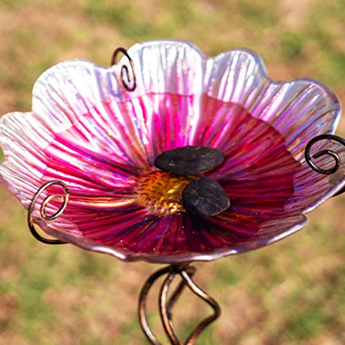 MUMTOP 31 Inch Height Glass Birdbath Birdfeeder with Metal Stake Garden Yard Outdoor Pink - Image 5