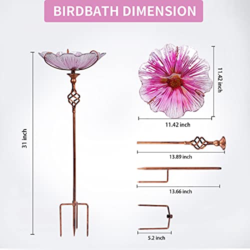 MUMTOP 31 Inch Height Glass Birdbath Birdfeeder with Metal Stake Garden Yard Outdoor Pink - Image 4