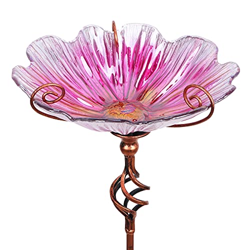 MUMTOP 31 Inch Height Glass Birdbath Birdfeeder with Metal Stake Garden Yard Outdoor Pink - Image 1