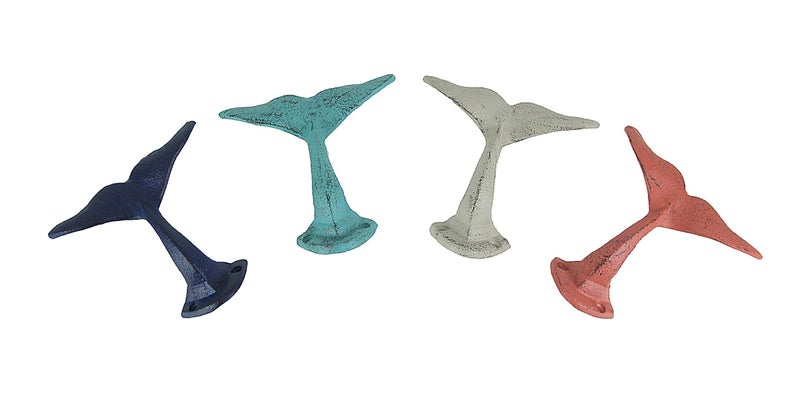 Zeckos Set of 4 Cast Iron Whale Tail Wall Hooks Nautical Decorative Towel or Coat Hanging Beach House Coastal Accent Decor - Image 1