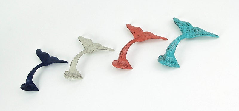 Zeckos Set of 4 Cast Iron Whale Tail Wall Hooks Nautical Decorative Towel or Coat Hanging Beach House Coastal Accent Decor - Image 2
