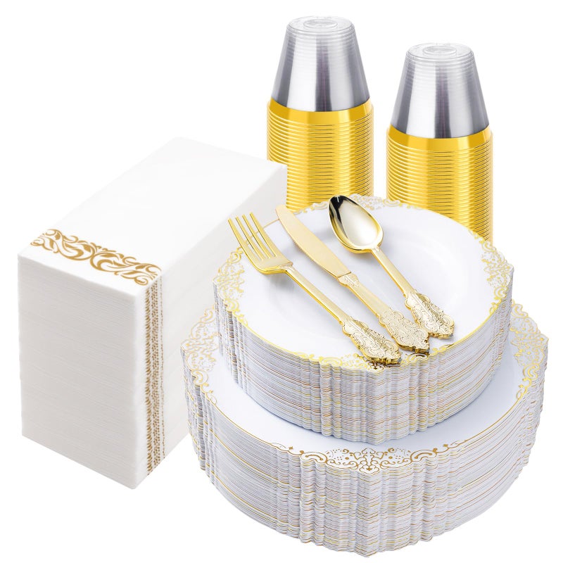 Bestluck 350PCS White and Gold Plastic Plates for 50 Guests Disposable Dinnerware Set Includes 100 Disposable Plates 150 Gold Silverware 50 Cups 50 Napkins for Party Wedding - Image 3