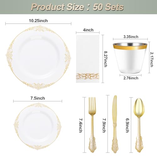 Bestluck 350PCS White and Gold Plastic Plates for 50 Guests Disposable Dinnerware Set Includes 100 Disposable Plates 150 Gold Silverware 50 Cups 50 Napkins for Party Wedding - Image 5