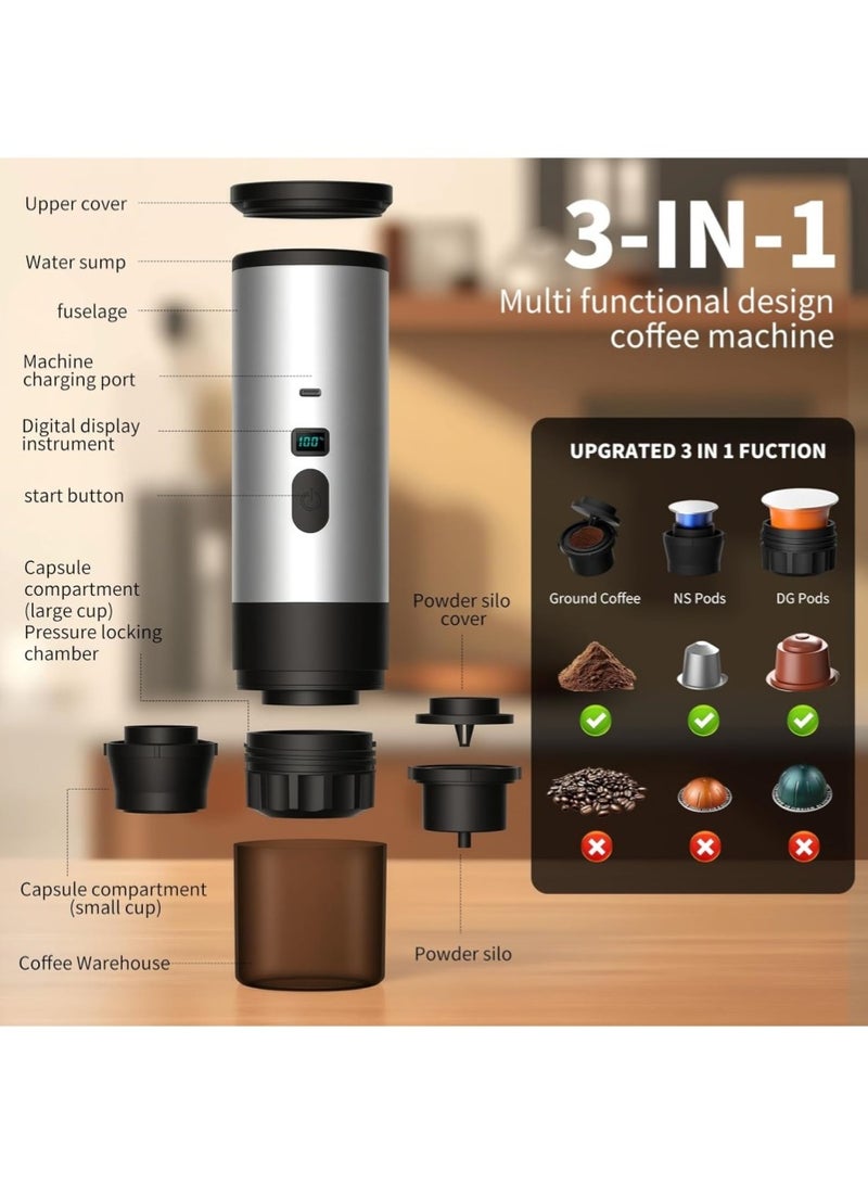 تشانجلي ماكينة صنع القهوة المحمولة 3 في 1، ماكينة إسبريسو، ماكينة صنع القهوة ذاتية التسخين للسفر متوافقة مع كبسولات NS و DG والقهوة المطحونة، ماكينة إسبريسو صغيرة للسيارات والتخييم والمشي لمسافات طويلة مع حامل - Image 2