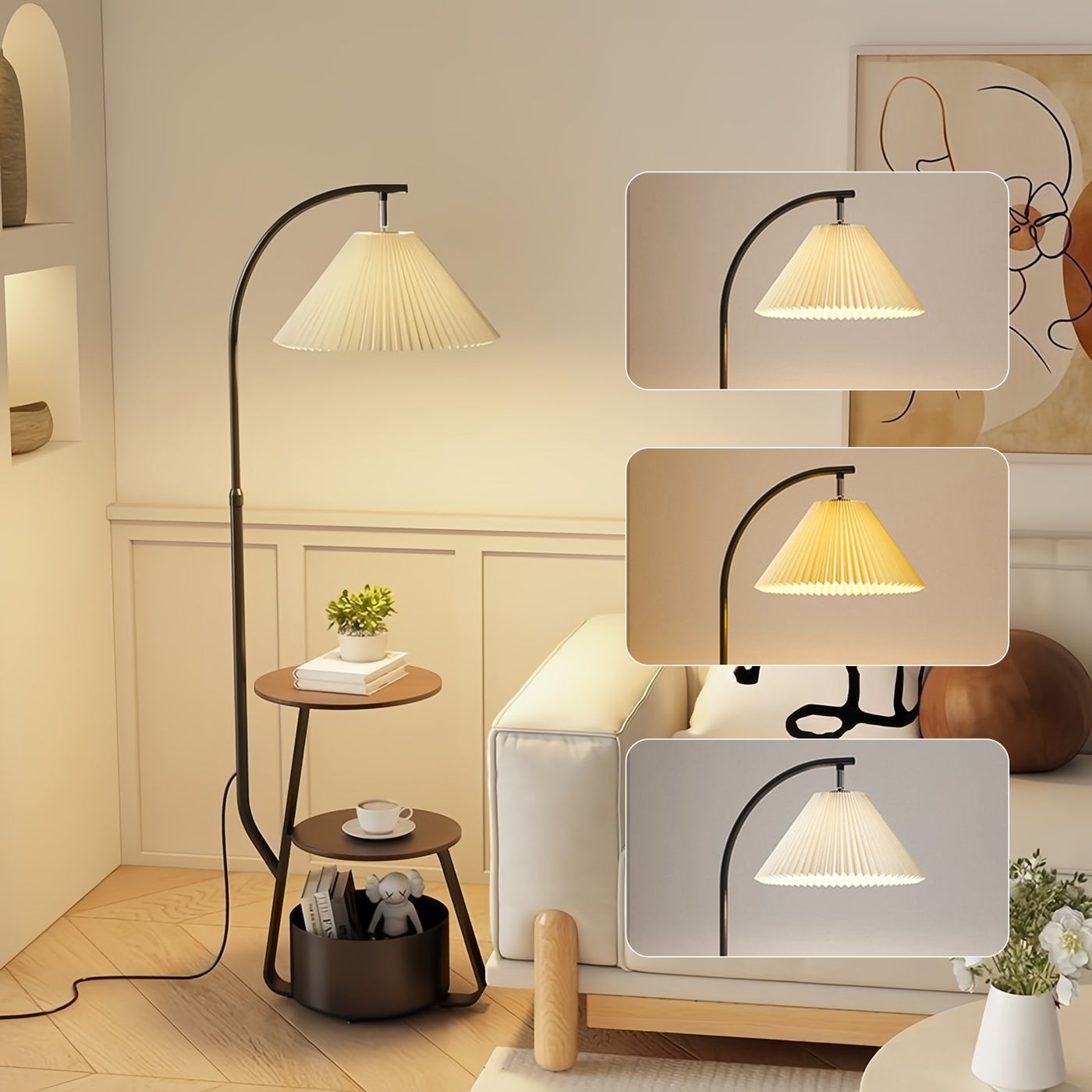 Nordic Curved Floor Lamp,Standing lamp With 3-Layer Side Table and Storage Drawer, Multi-functional Living Room and Bedroom Desk Lamp, Suitable for Reading and Decoration